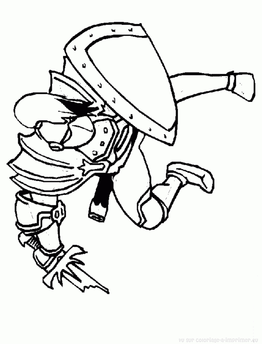 Coloriage d'un chevalier en armure brandissant son épée dans un paysage médiéval