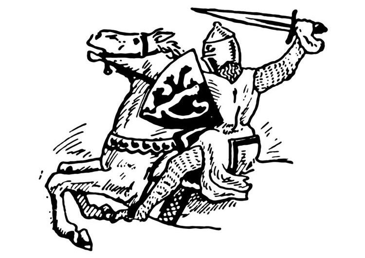 Coloriage d'un chevalier en armure avec son épée brandie dans un environnement médiéval