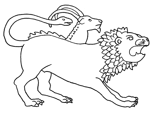 Coloriage d'une chimère majestueuse dans un décor fantastique