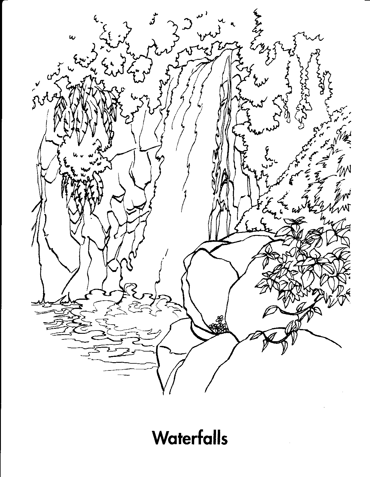 Coloriage d'une chute d'eau entourée de végétation luxuriante
