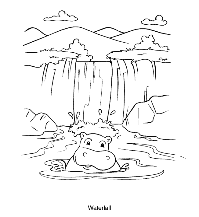 Coloriage d'une chute d'eau entourée de verdure