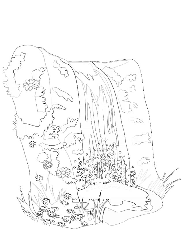 Coloriage d'une chute d'eau entourée de verdure