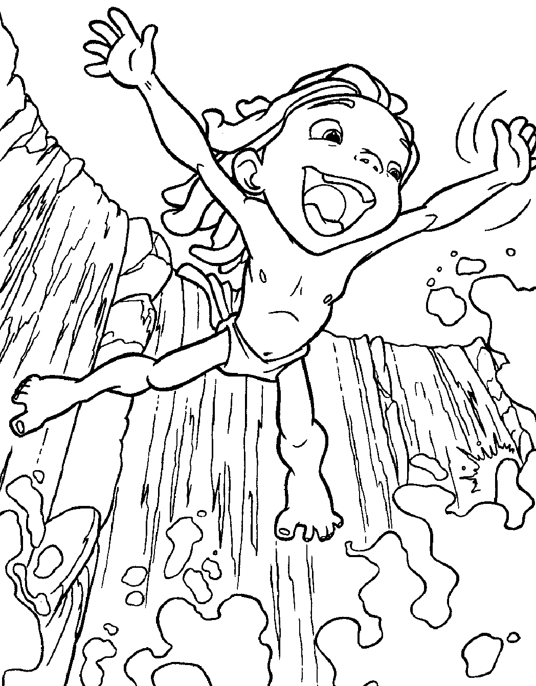 Coloriage d'une chute d'eau entourée de végétation luxuriante