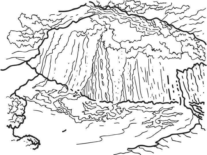 Coloriage d'une chute d'eau entourée de verdure