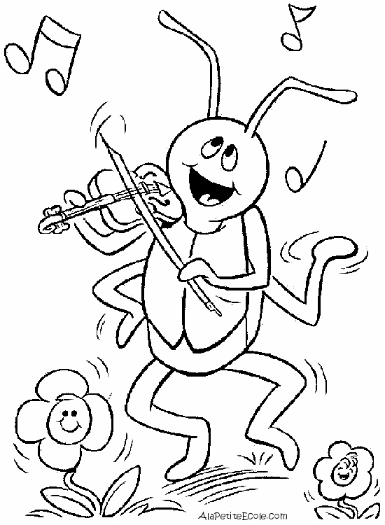Coloriage d'une cigale sur une branche avec des feuilles