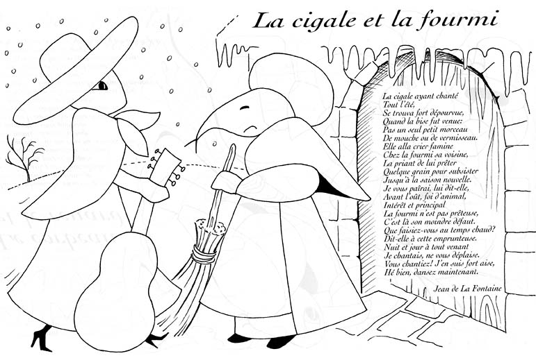 Coloriage d'une cigale posée sur une tige avec des feuilles