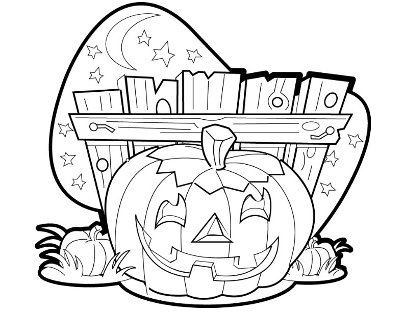 Coloriage d'une citrouille entourée de feuilles et de décorations d'Halloween