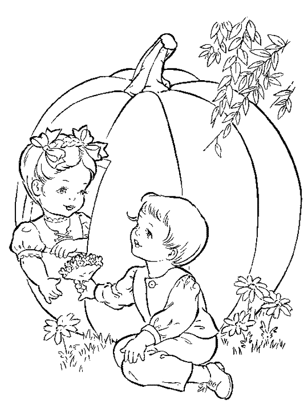 Coloriage d'une citrouille souriante au milieu d'un décor automnal