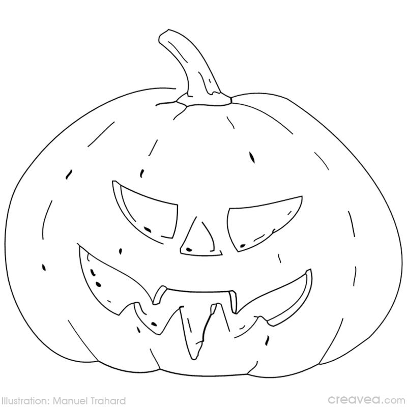 Coloriage d'une citrouille originale entourée de feuilles