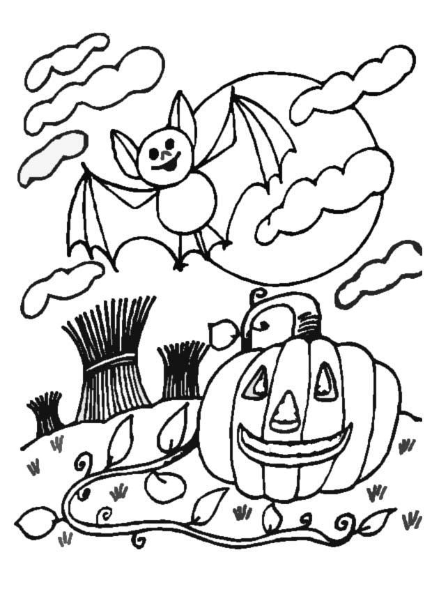 Coloriage d'une citrouille souriante entourée de feuilles