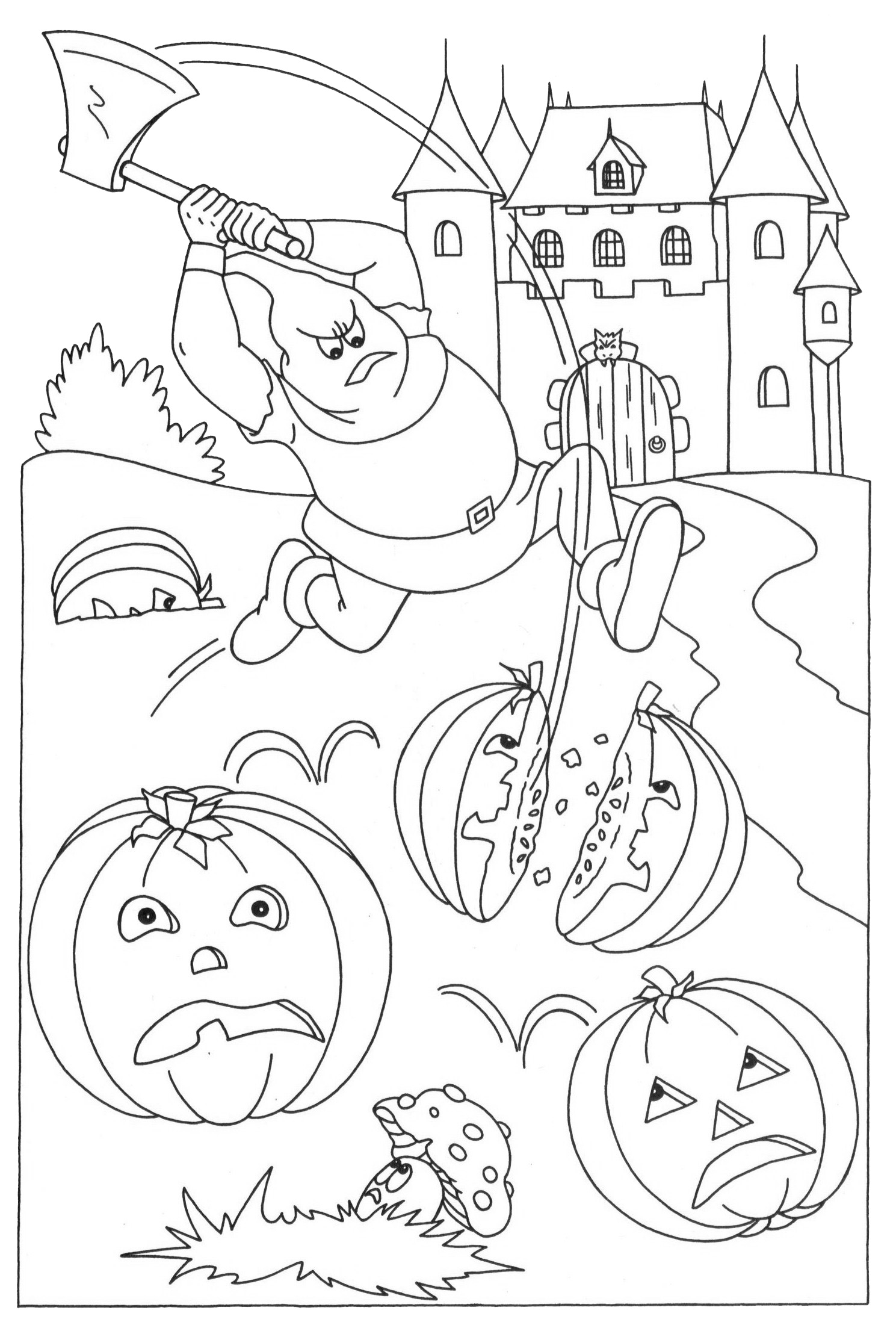 Coloriage d'une citrouille souriante sur un fond de feuilles d'automne