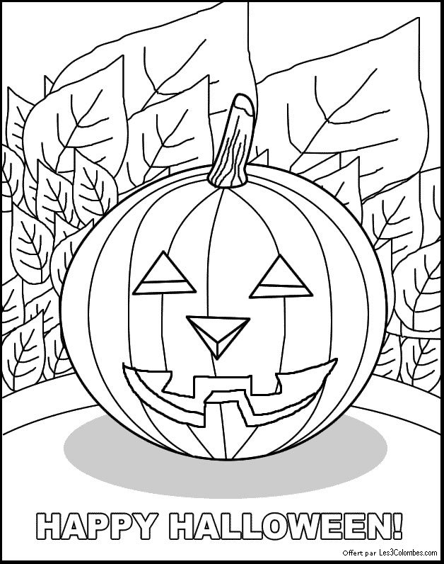 Coloriage d'une citrouille ornée au milieu d'un décor automnal