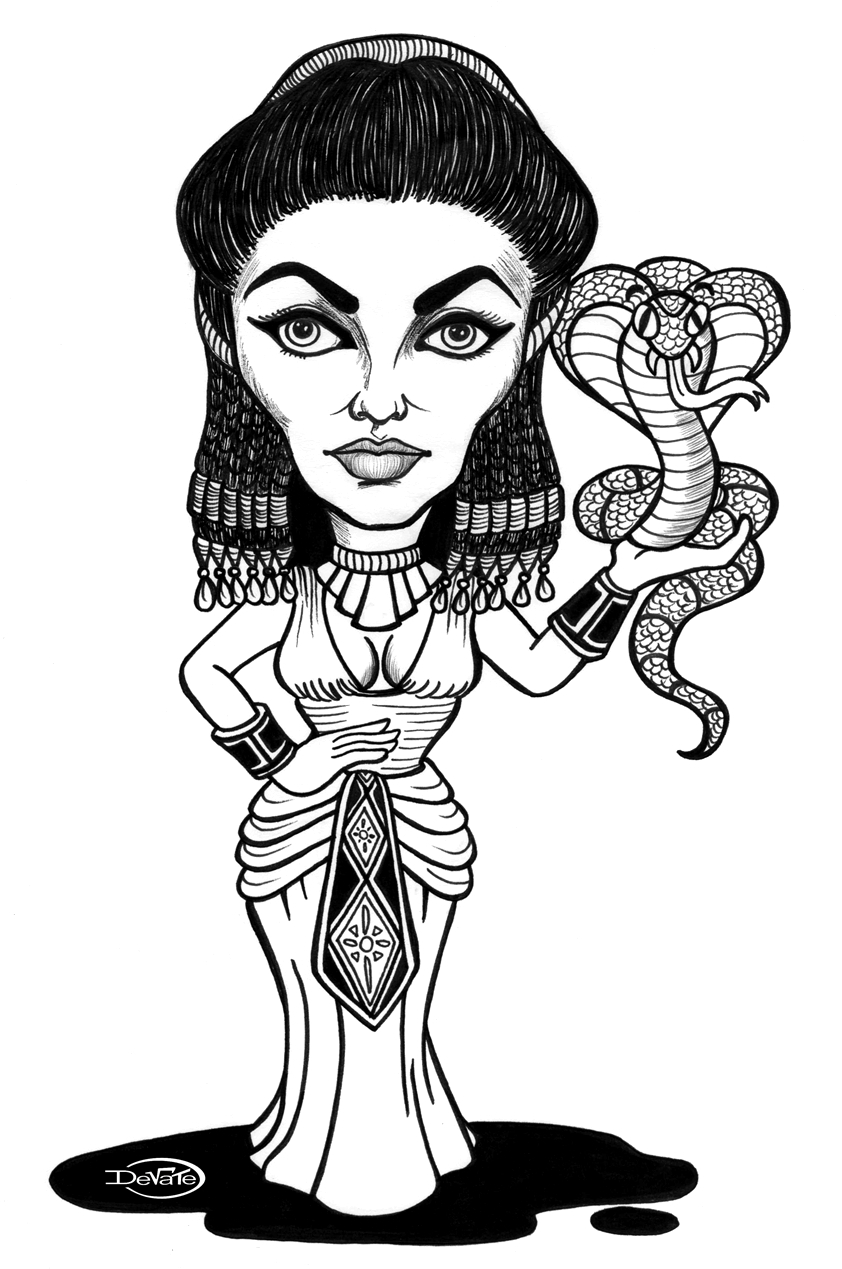 Coloriage de Cléopâtre dans son trône royal entourée de motifs égyptiens