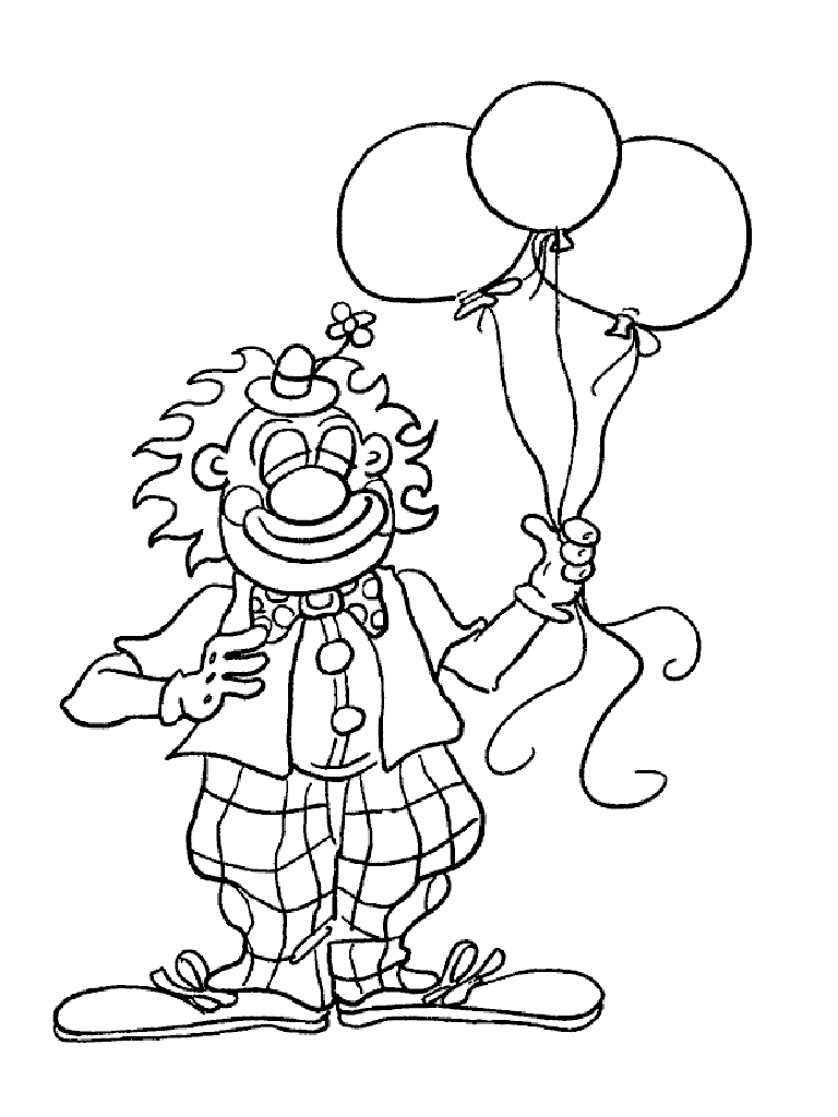 Coloriage d'un clown joyeux avec des ballons dans un décor festif
