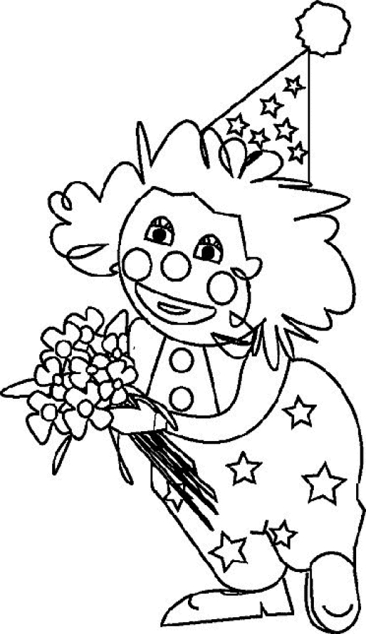 Coloriage d'un clown souriant avec un grand chapeau et des ballons