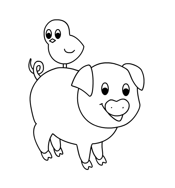 Coloriage d'un cochon dans un décor pastoral