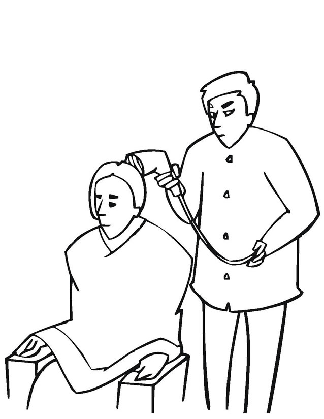 Coloriage d'un coiffeur et d'une coiffeuse en plein travail dans un salon