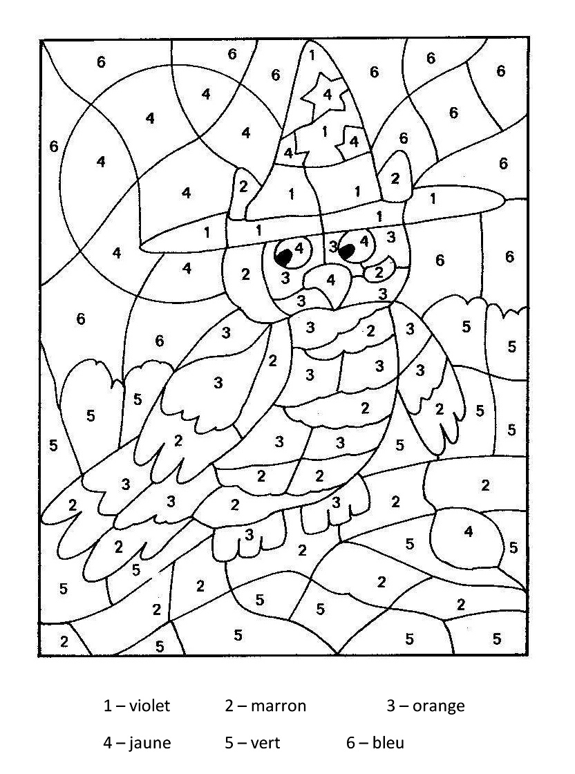 Un coloriage magique représentant un paysage de montagne avec un soleil rayonnant