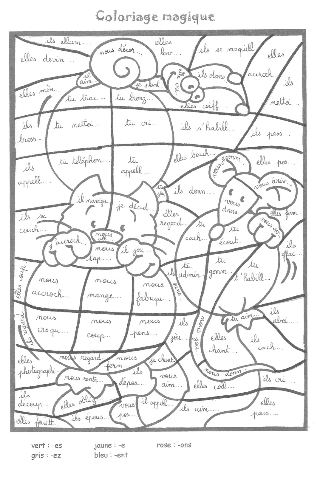 Un coloriage d'un chat assis dans un jardin fleuri