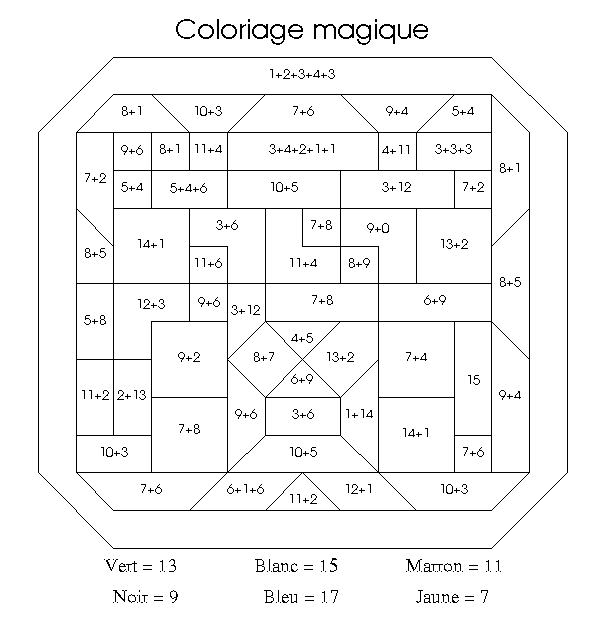 Un coloriage magique avec des motifs géométriques et des personnages