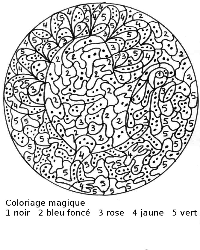 Un coloriage magique représentant un paysage de montagne avec un chalet et des arbres