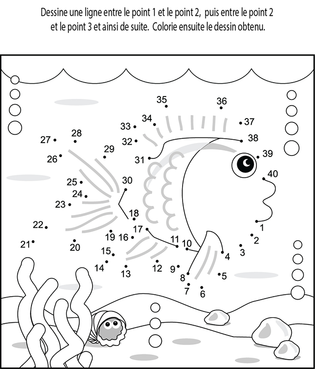 Coloriage d'un point à point représentant un chien jouant dans un jardin