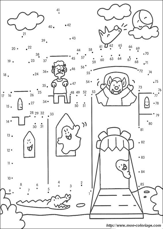 Coloriage point à point d’un paysage naturel avec des animaux