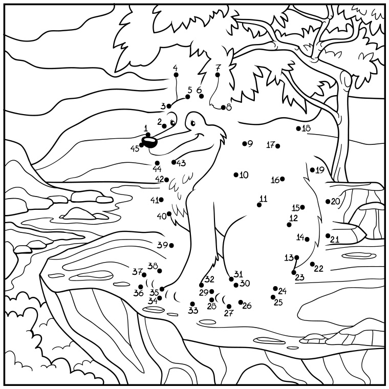Coloriage point à point d’un élégant oiseau en vol au-dessus d’un paysage