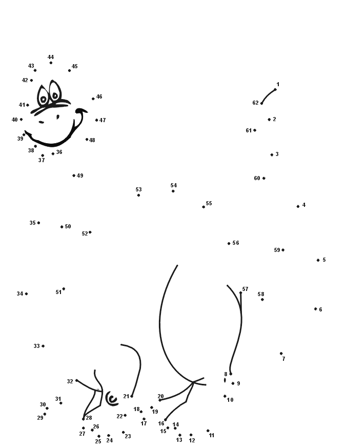 Coloriage d'un point à point représentant un chat et une pelote de laine