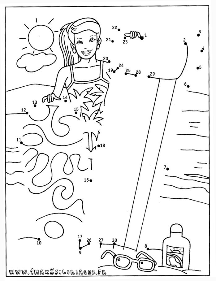 Coloriage point à point d'un paysage d'été avec un soleil souriant