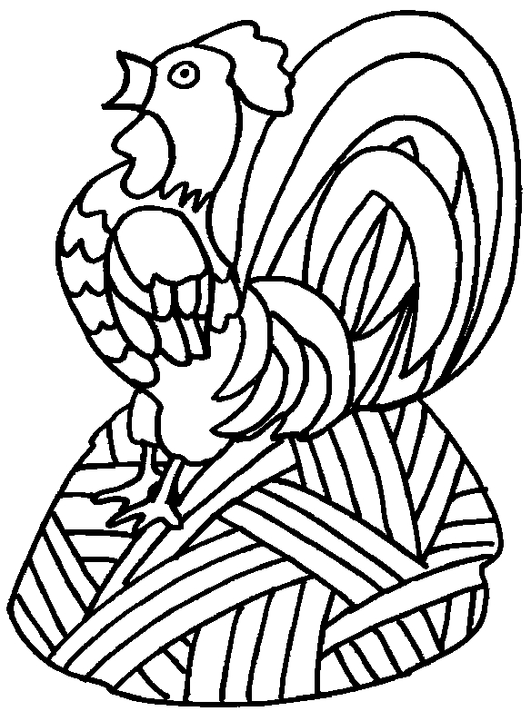 Coloriage d'un coq en pleine parade dans un décor rural