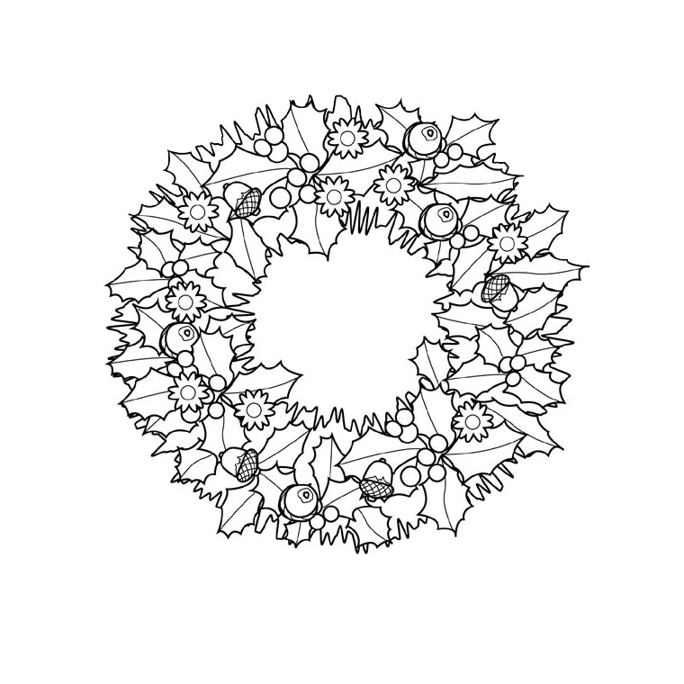 Coloriage d'une couronne de Noël ornée de décorations festives
