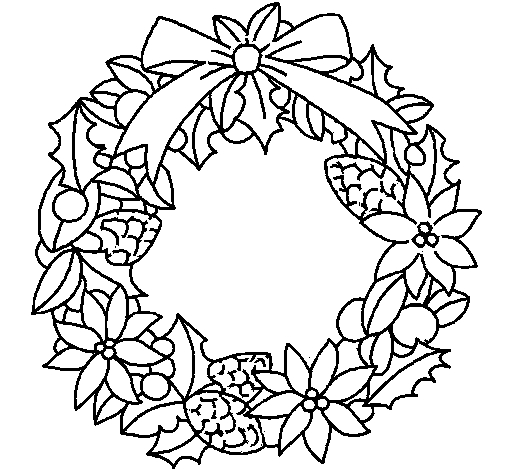 Coloriage d'une couronne de Noël ornée de divers éléments festifs
