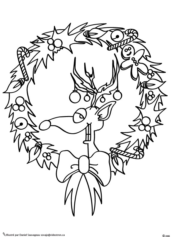 Coloriage d'une couronne de Noël ornée de décorations festives