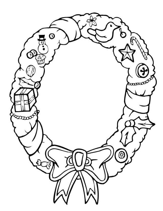 Coloriage d'une couronne de Noël ornée de décorations festives