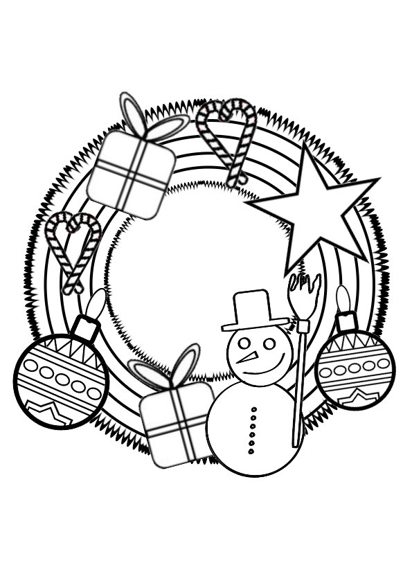 Coloriage d'une couronne de Noël ornée de décorations festives