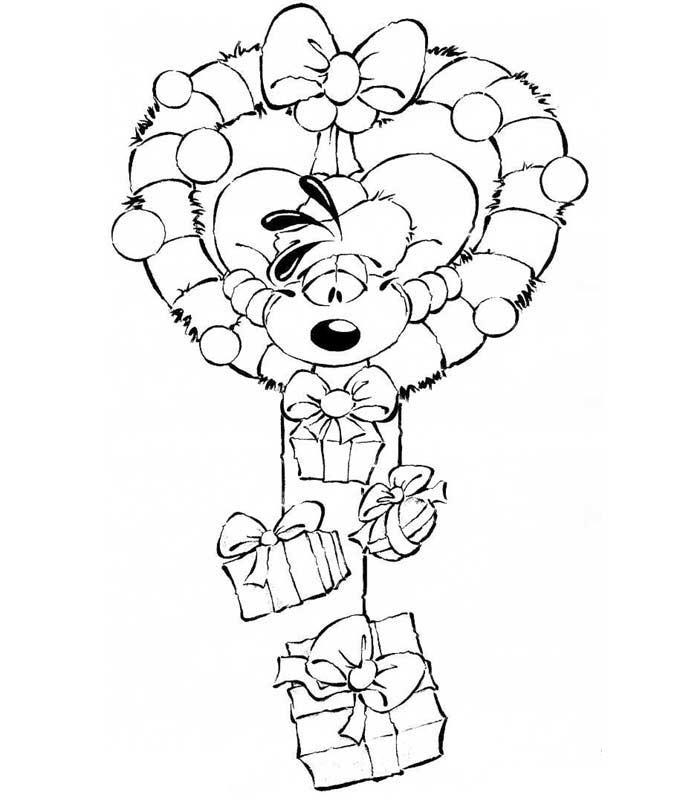 Coloriage d'une couronne de Noël ornée de divers éléments festifs