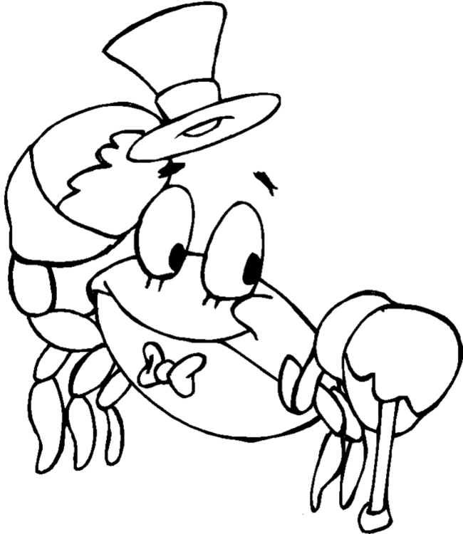 Coloriage d'un crabe sur le sable avec des algues en arrière-plan