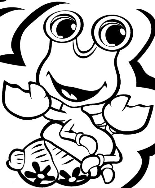 Coloriage d'un crabe sur le sable avec des algues marines