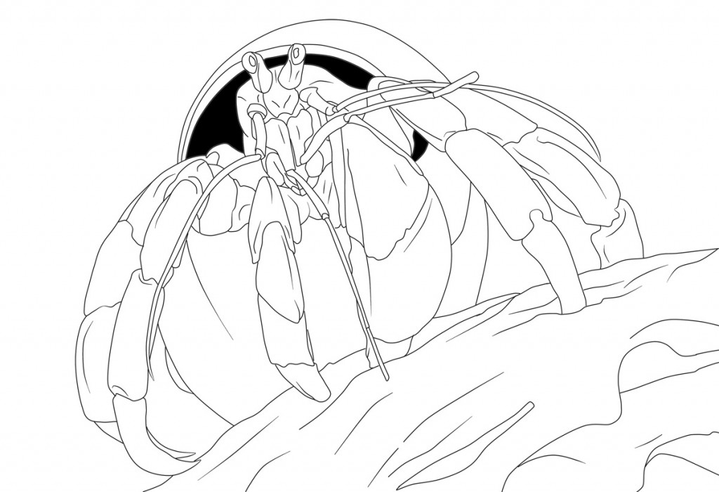 Coloriage d'un crabe sur le sable avec des vagues en arrière-plan