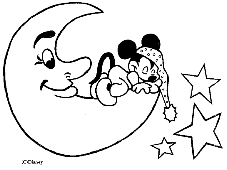Coloriage d'un croissant de lune entouré d'étoiles