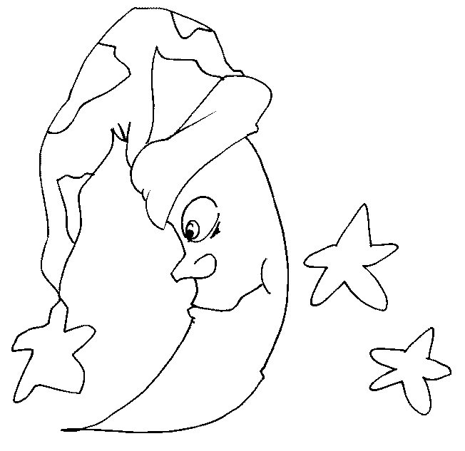 Coloriage d'un croissant de lune au visage souriant sur fond étoilé