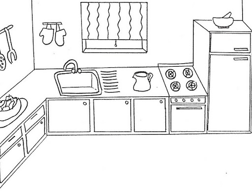 Coloriage d'une cuisine accueillante avec des ustensiles et des ingrédients