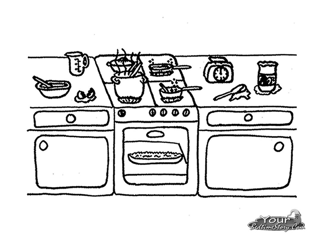 Coloriage d'une cuisine animée avec des ustensiles et des ingrédients