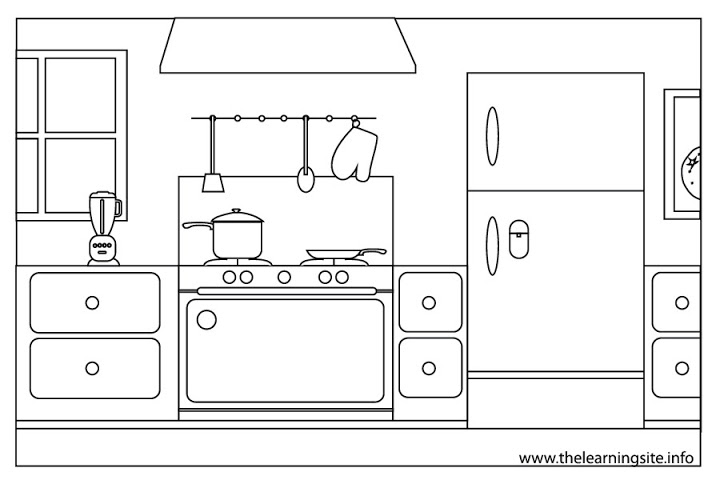 Coloriage d'une cuisine animée avec des ustensiles et des aliments