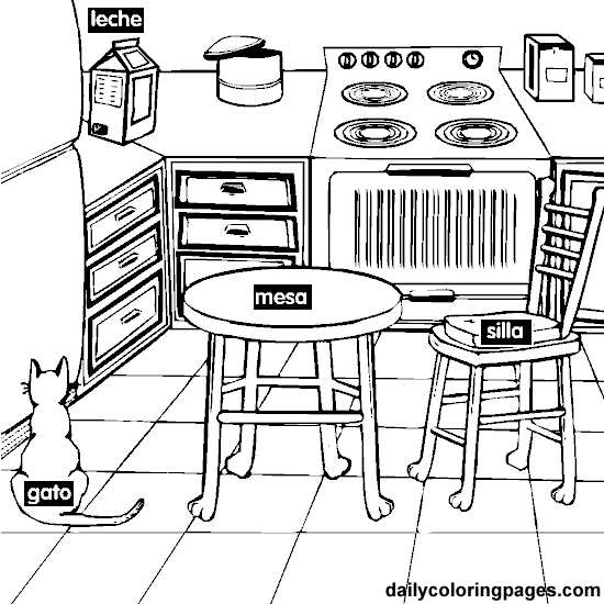 Scène de cuisine avec des ustensiles et des ingrédients à colorier