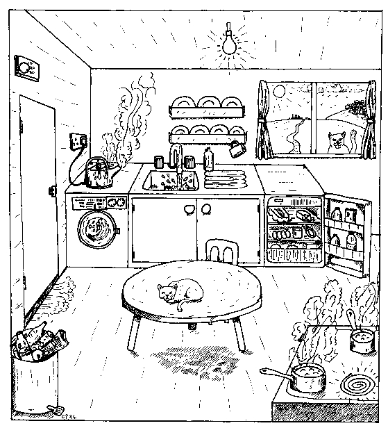 Coloriage d'une cuisine chaleureuse avec des ustensiles et des aliments