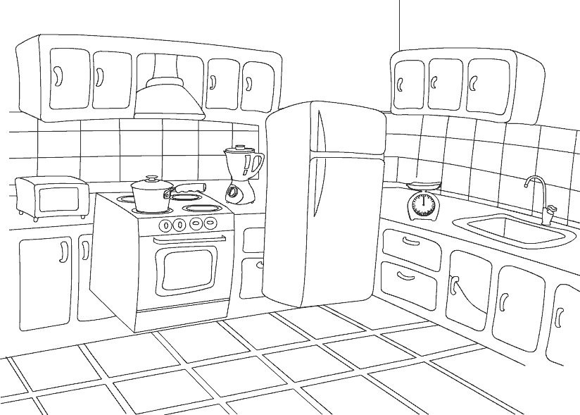 Coloriage d'une cuisine avec des ustensiles et des ingrédients