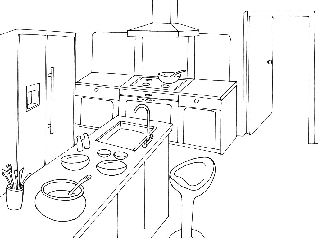 Coloriage d'une cuisine chaleureuse avec des éléments variés