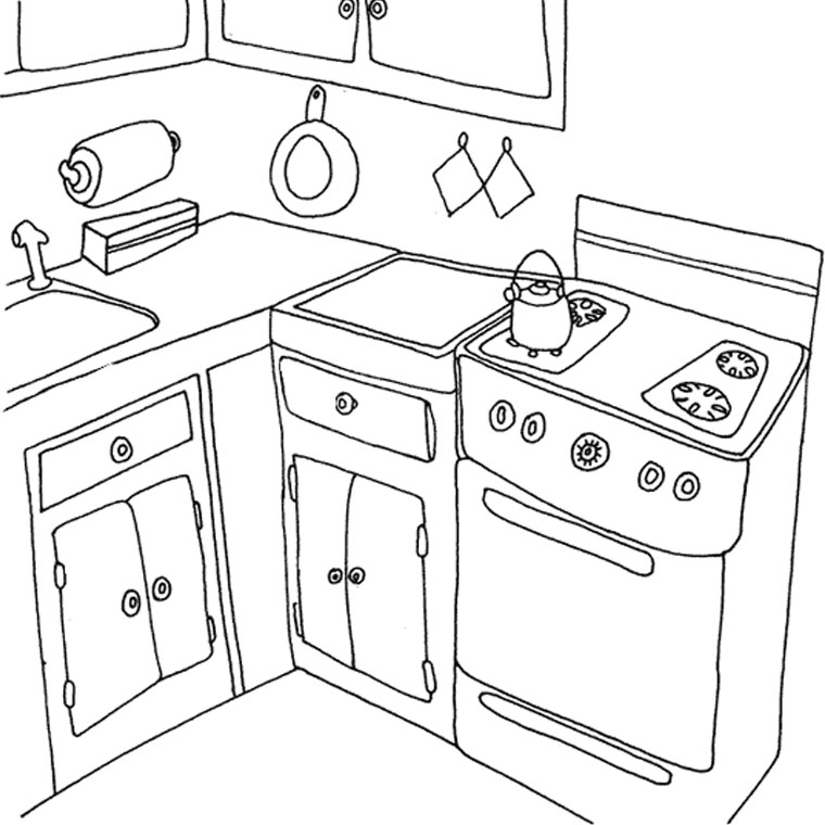 Coloriage d'une cuisine animée avec des ustensiles et des ingrédients